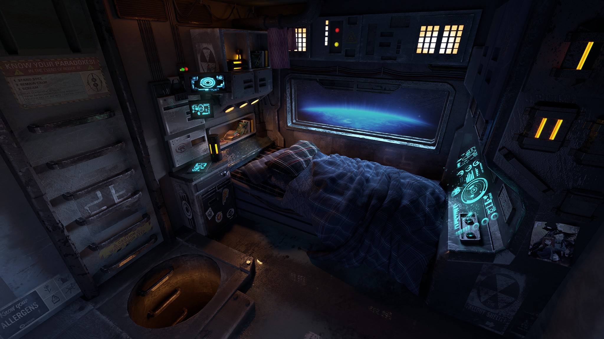 The meme is an image of a dark, cramped space station bathroom, with a toilet in the center and a small bed in the corner. The caption "I'm only here for the 2 hours of sleep" is written in a small text box in the top-left corner of the image. The image is a humorous commentary on the living conditions of astronauts on long-duration space missions.